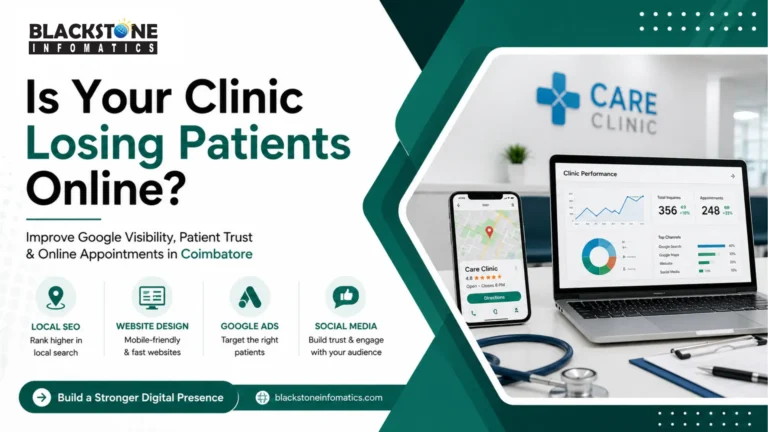 Digital marketing banner for Blackstone Infomatics showing healthcare digital solutions for clinics in Coimbatore, including local SEO, website design, Google Ads, and social media marketing to improve online patient appointments and visibility.